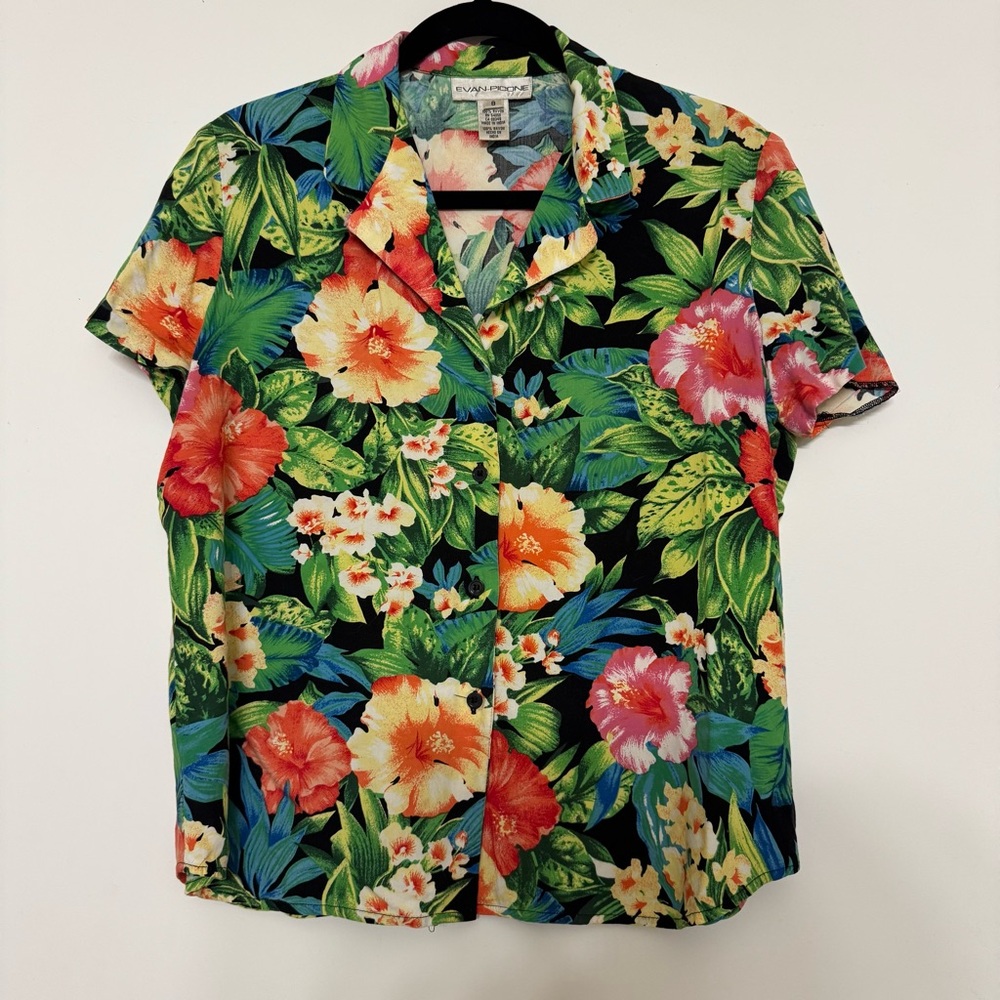 Evan Picone Black Hawaiian Floral Camp Shirt with Green Leaves